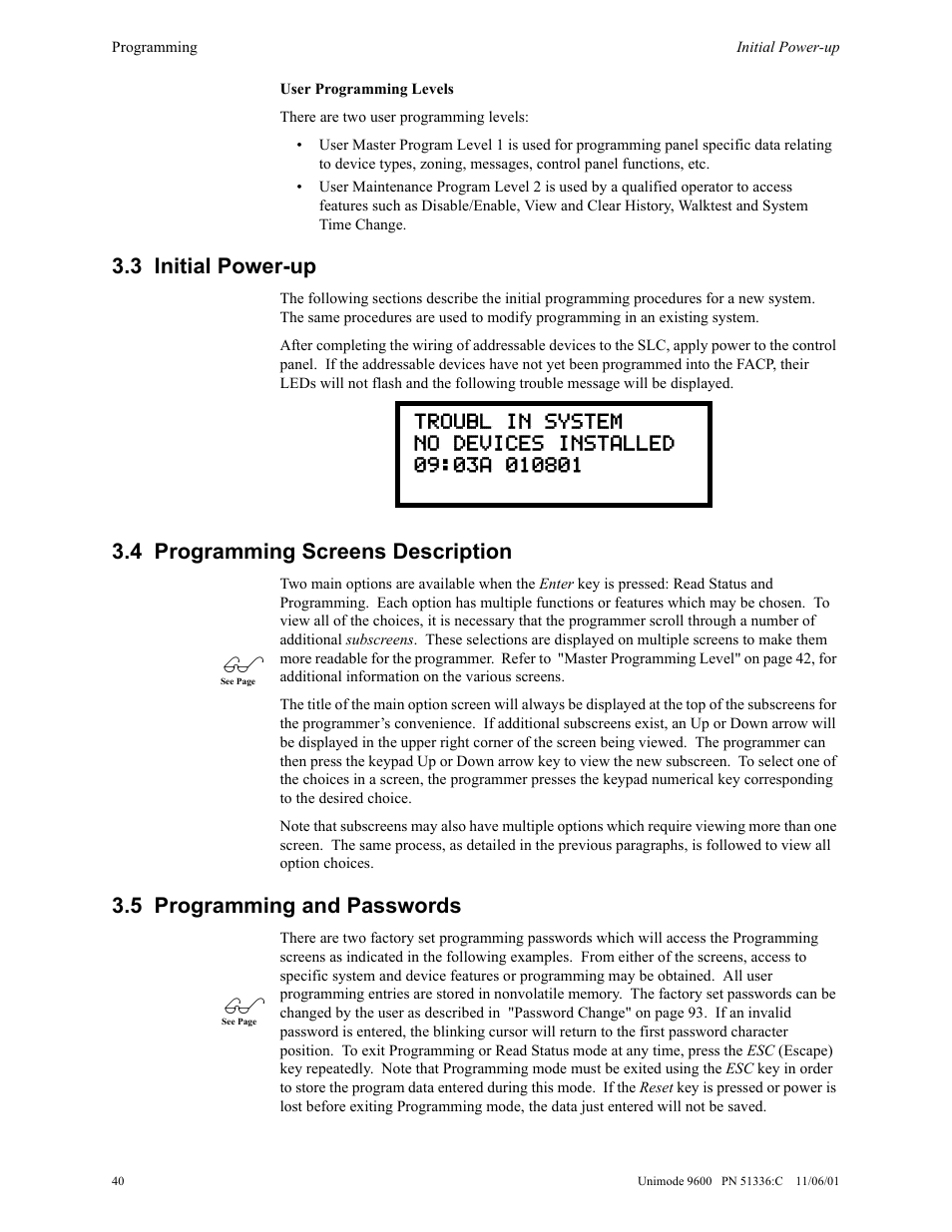3 initial power-up, 4 programming screens description, 5 programming and passwords | ADT Security Services Unimode 9600 User Manual | Page 40 / 148