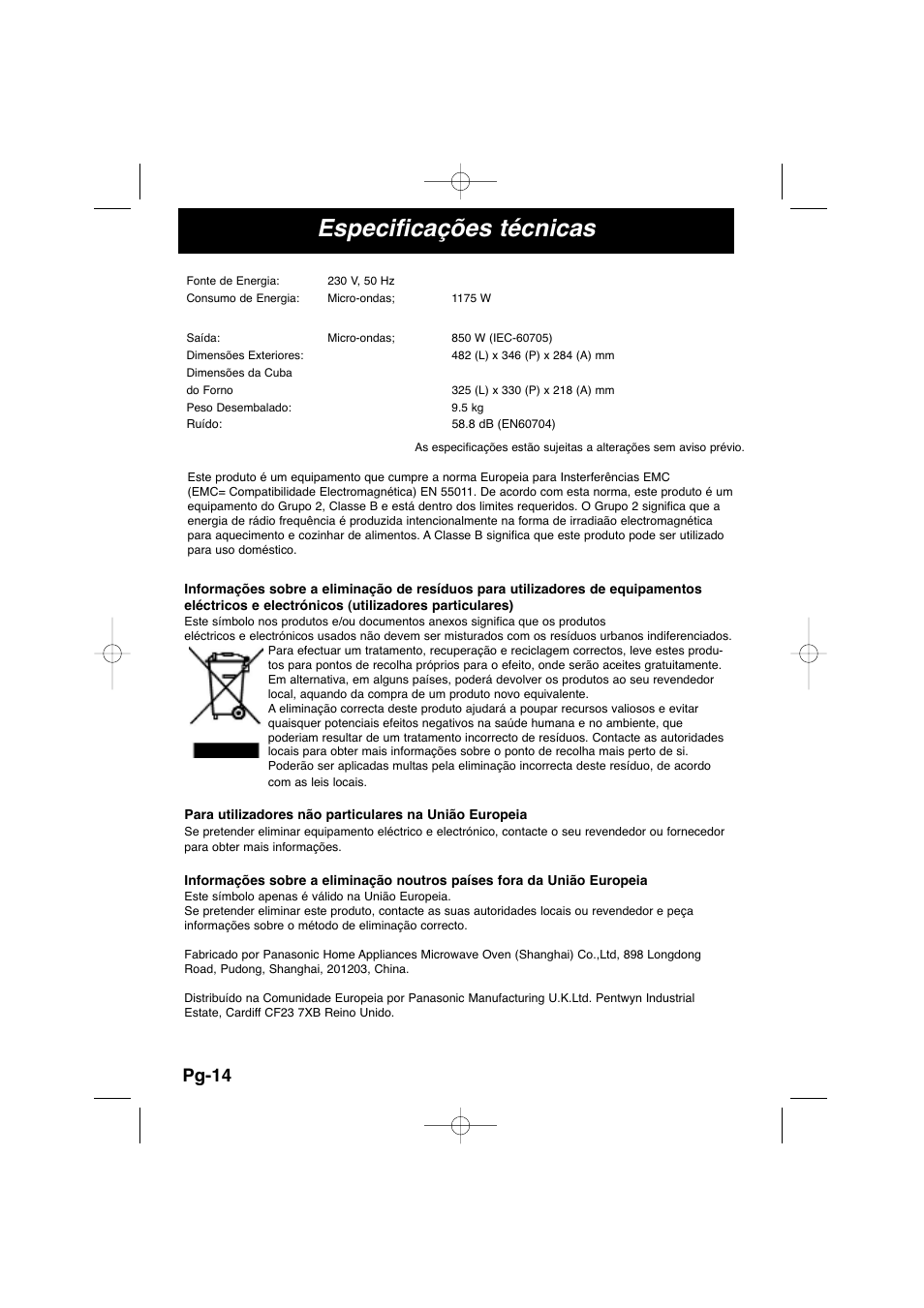 Especificações técnicas, Pg-14 | Panasonic NNSD278SEPG User Manual | Page 100 / 212