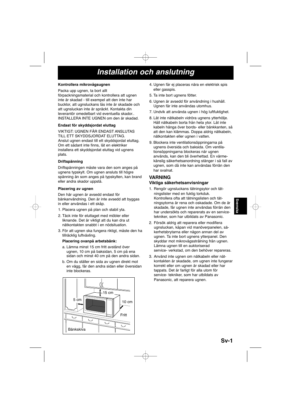 Installation och anslutning, Sv-1 | Panasonic NNSD278SEPG User Manual | Page 101 / 212
