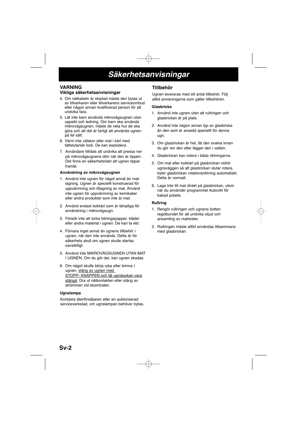 Säkerhetsanvisningar, Sv-2 | Panasonic NNSD278SEPG User Manual | Page 102 / 212
