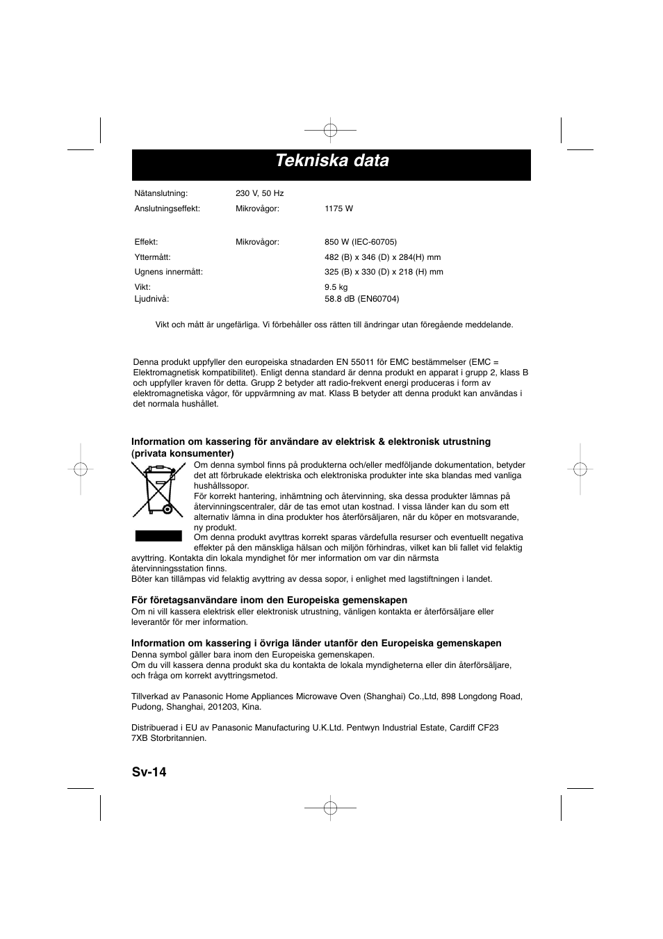 Tekniska data, Sv-14 | Panasonic NNSD278SEPG User Manual | Page 114 / 212