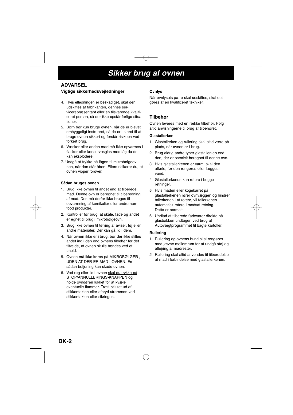 Sikker brug af ovnen, Dk-2 | Panasonic NNSD278SEPG User Manual | Page 116 / 212