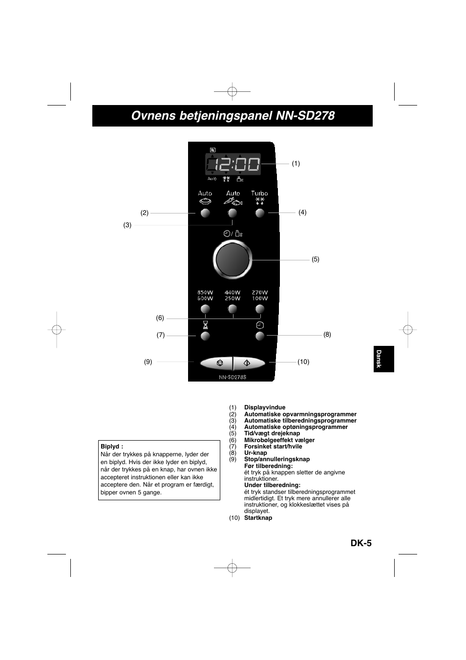 Ovnens betjeningspanel nn-sd278, Dk-5 | Panasonic NNSD278SEPG User Manual | Page 119 / 212