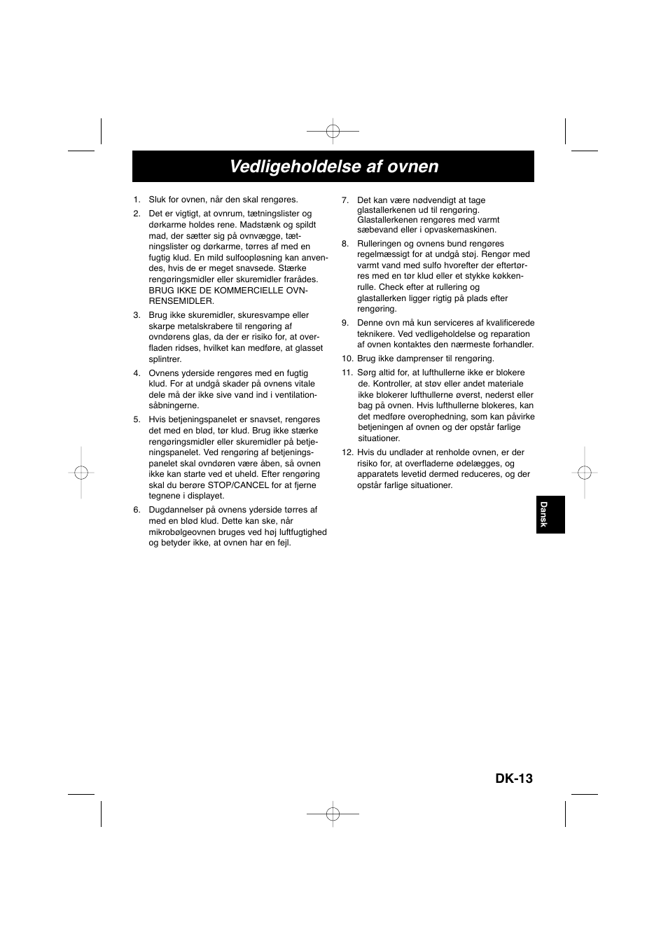 Vedligeholdelse af ovnen, Dk-13 | Panasonic NNSD278SEPG User Manual | Page 127 / 212