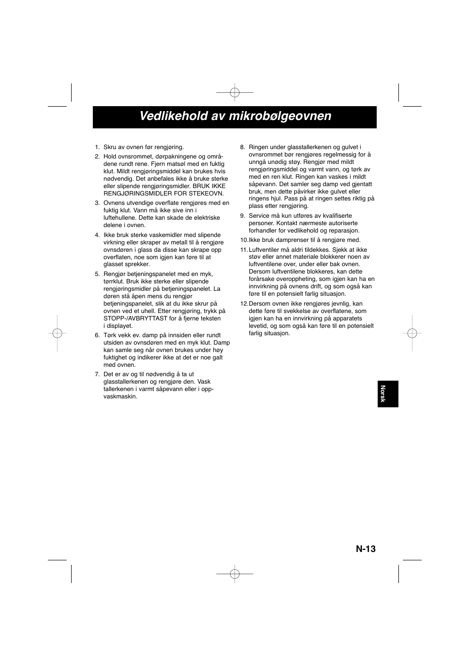 Vedlikehold av mikrobølgeovnen, N-13 | Panasonic NNSD278SEPG User Manual | Page 141 / 212