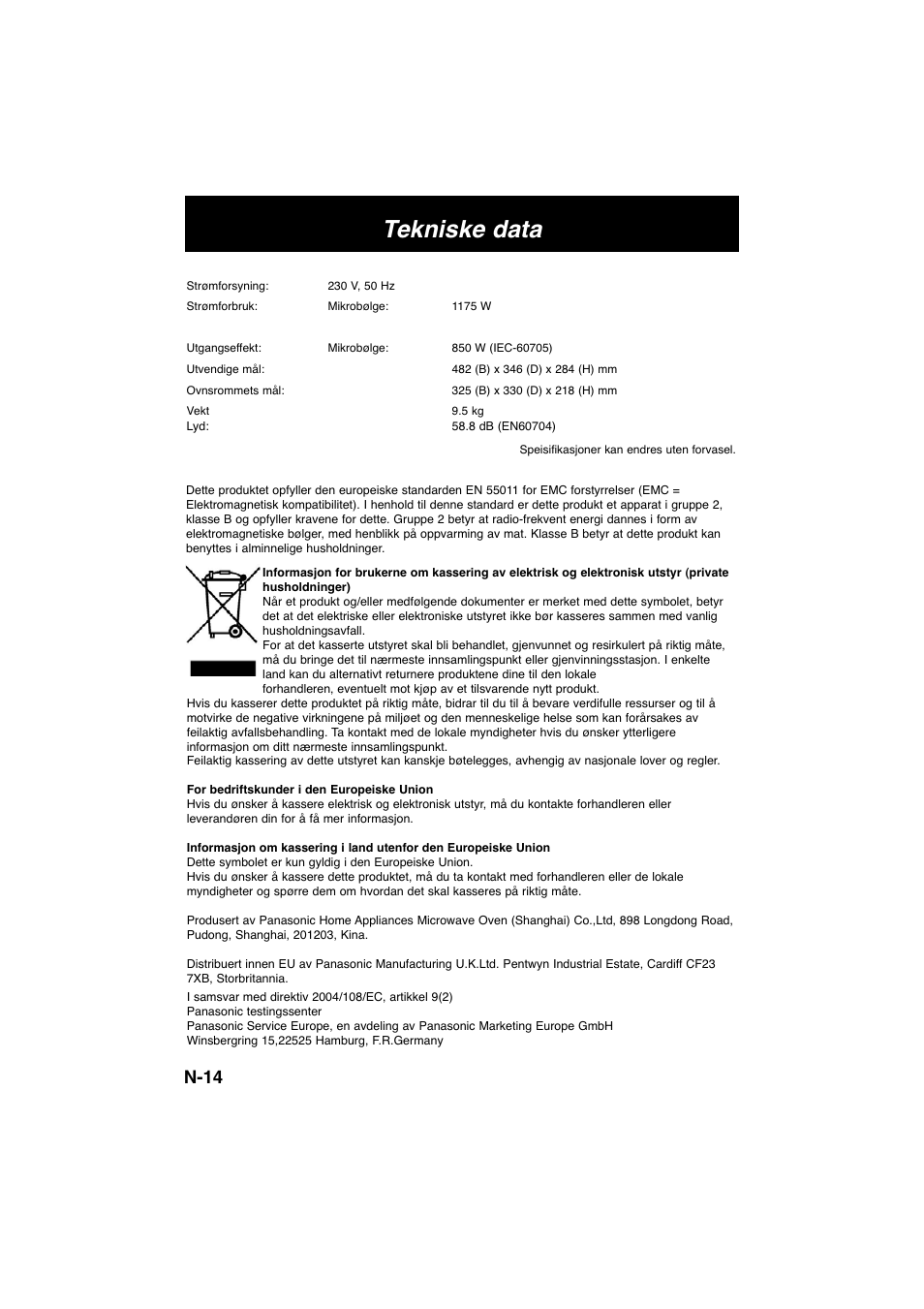 Tekniske data, N-14 | Panasonic NNSD278SEPG User Manual | Page 142 / 212