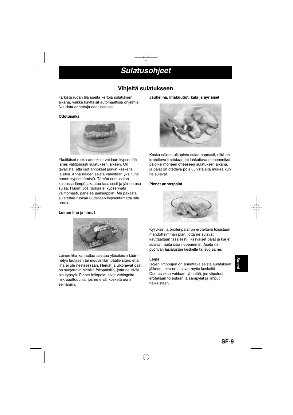 Sulatusohjeet, Sf-9, Vihjeitä sulatukseen | Panasonic NNSD278SEPG User Manual | Page 151 / 212