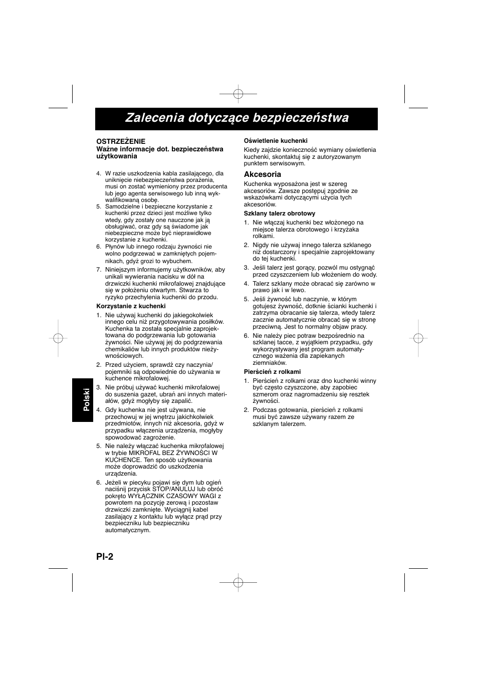 Zalecenia dotyczące bezpieczeństwa, Pl-2 | Panasonic NNSD278SEPG User Manual | Page 158 / 212