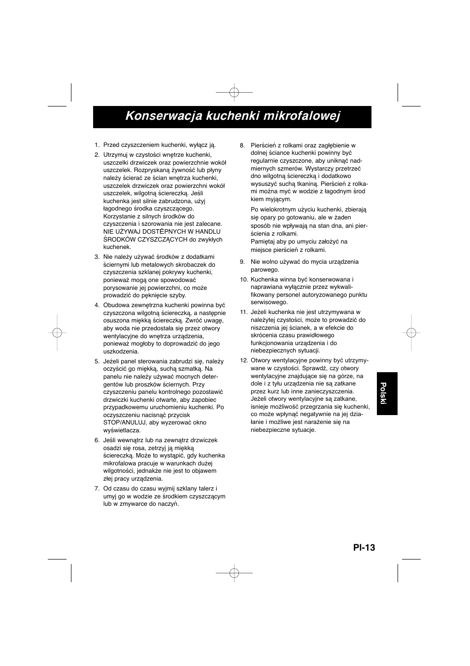 Konserwacja kuchenki mikrofalowej, Pl-13 | Panasonic NNSD278SEPG User Manual | Page 169 / 212