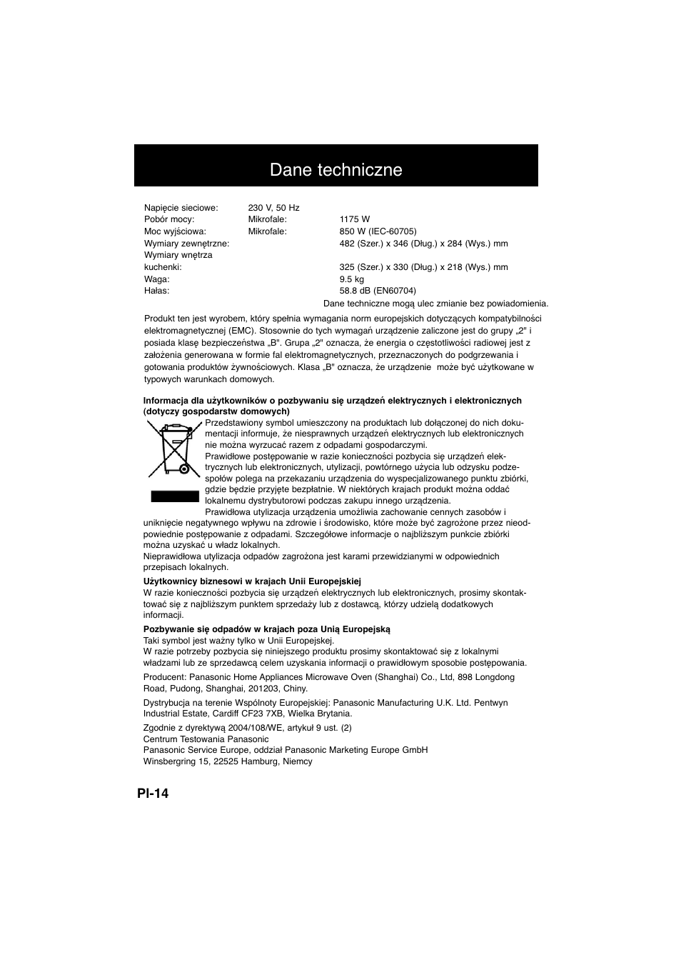 Dane techniczne, Pl-14 | Panasonic NNSD278SEPG User Manual | Page 170 / 212