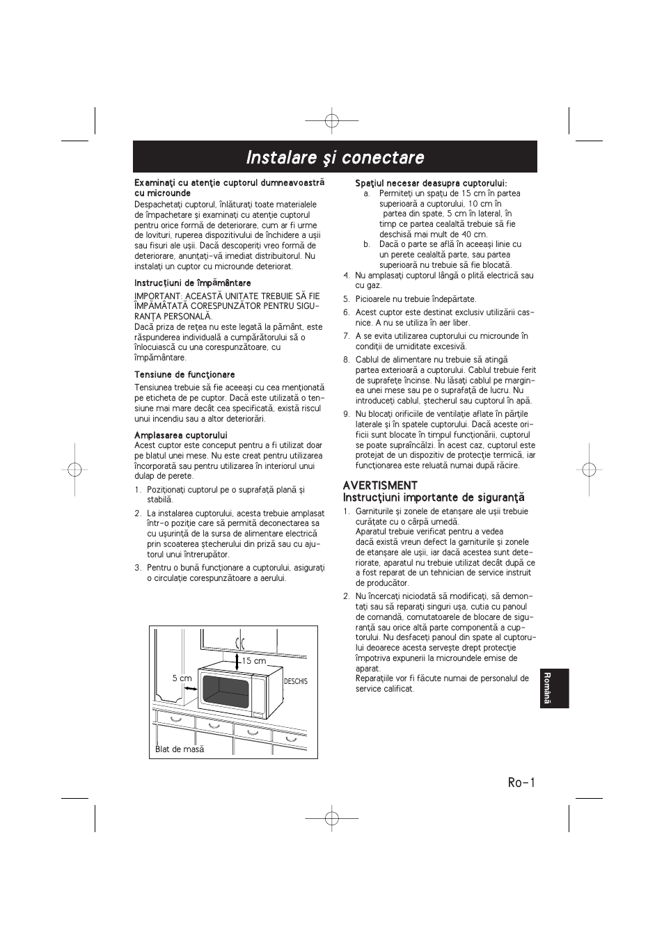Instalare øi conectare, Ro-1 | Panasonic NNSD278SEPG User Manual | Page 171 / 212