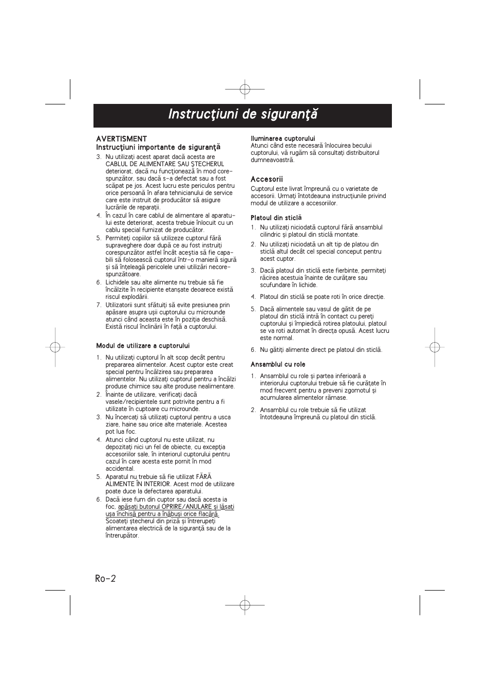 Instrucﬂiuni de siguranﬂæ, Ro-2 | Panasonic NNSD278SEPG User Manual | Page 172 / 212