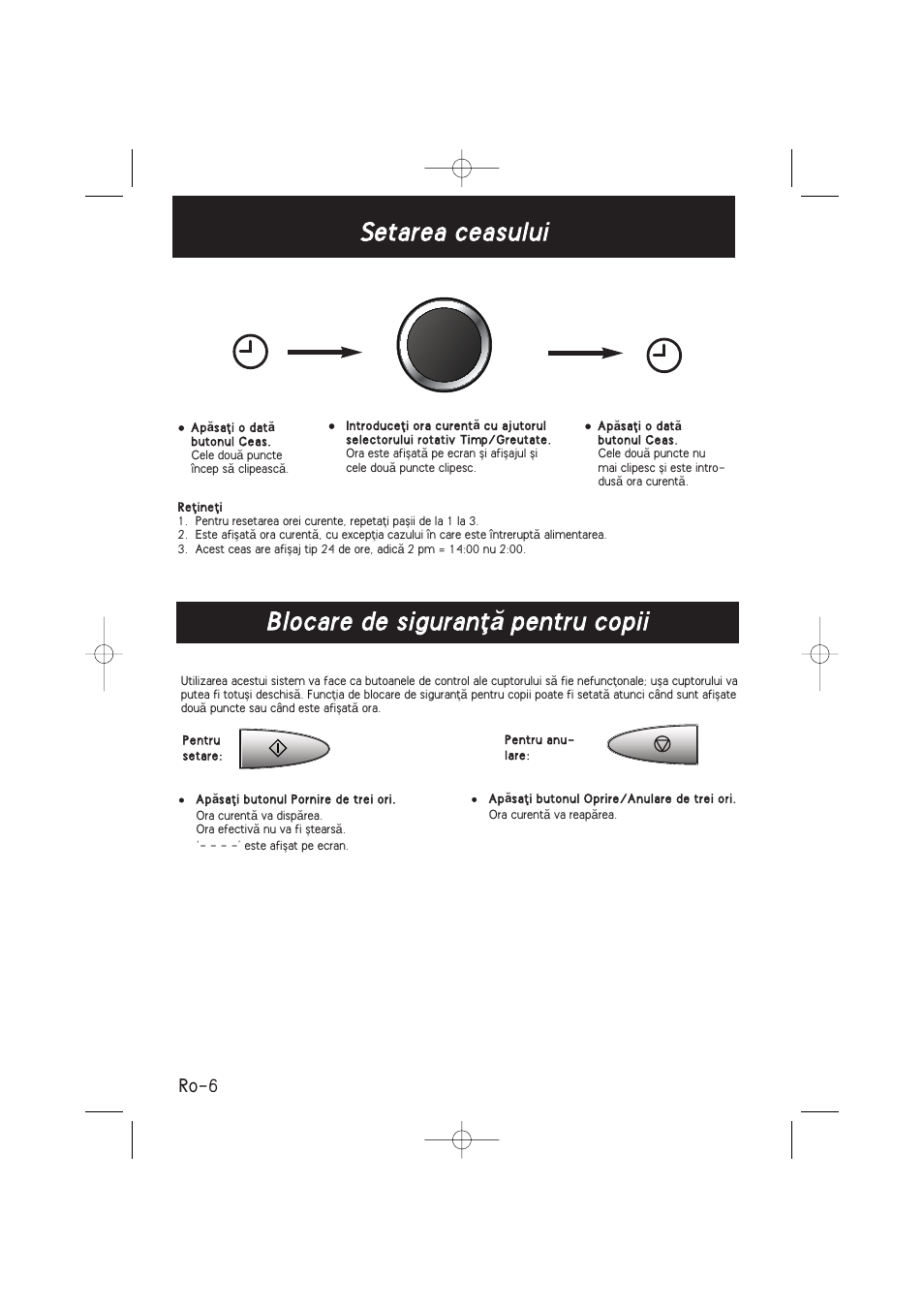 Setarea ceasului, Blocare de siguranﬂ ă pentru copii, Ro-6 | Panasonic NNSD278SEPG User Manual | Page 176 / 212