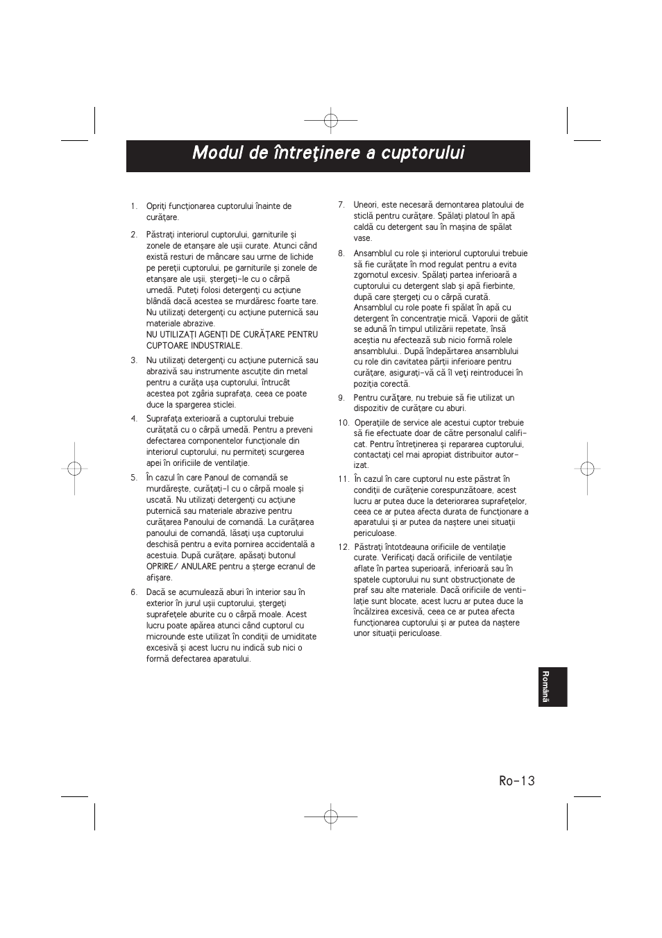 Modul de întreﬂinere a cuptorului, Ro-13 | Panasonic NNSD278SEPG User Manual | Page 183 / 212