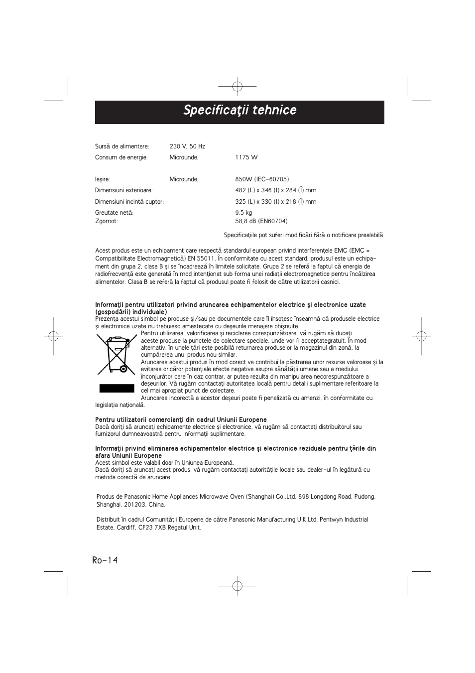 Specificaﬂii tehnice, Ro-14 | Panasonic NNSD278SEPG User Manual | Page 184 / 212