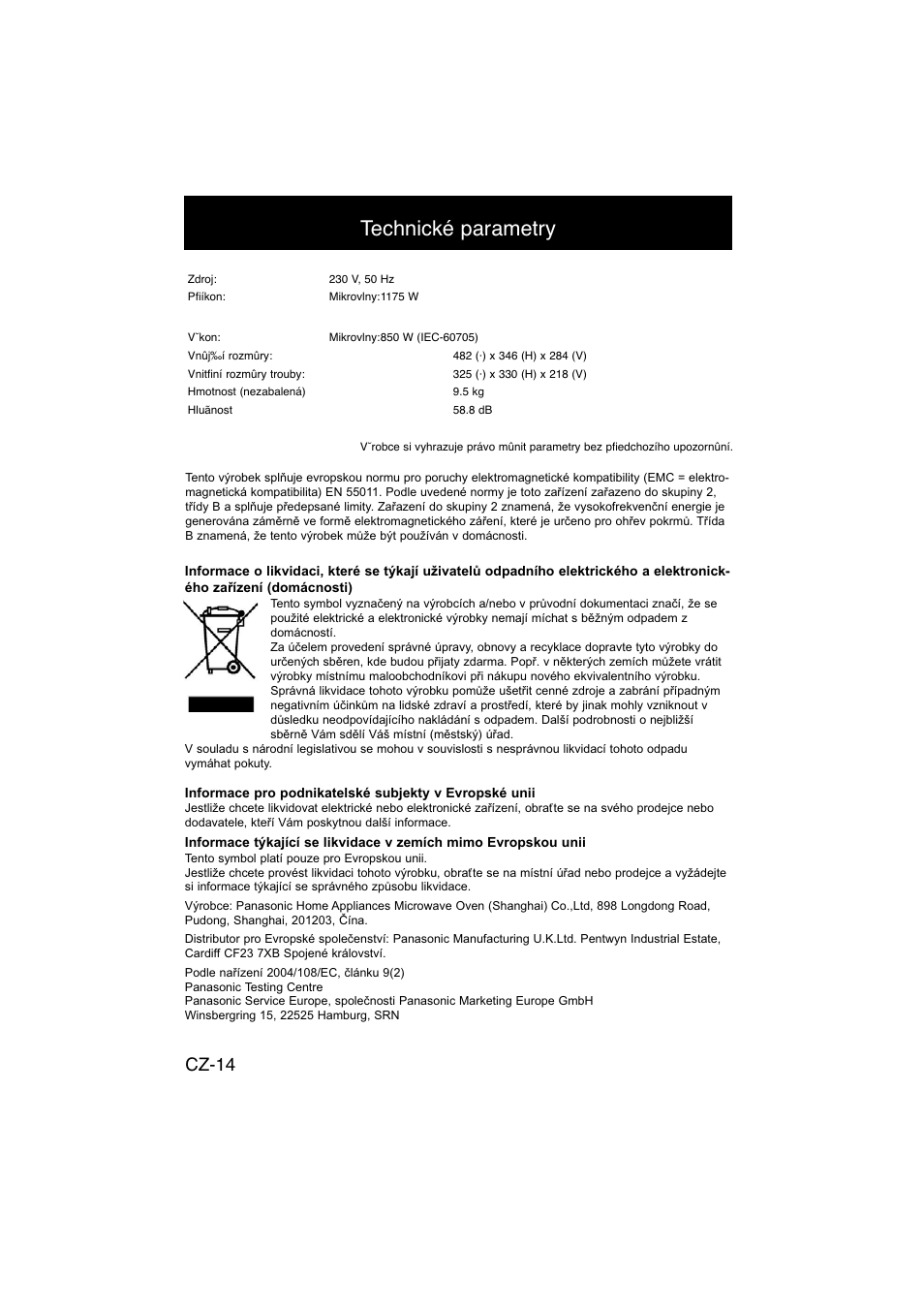 Technické parametry, Cz-14 | Panasonic NNSD278SEPG User Manual | Page 198 / 212