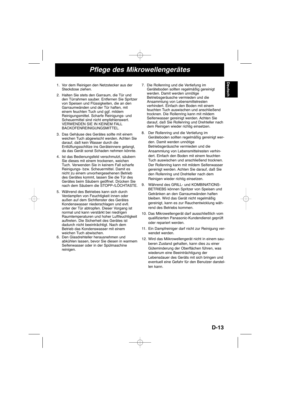 Pflege des mikrowellengerätes, D-13 | Panasonic NNSD278SEPG User Manual | Page 29 / 212