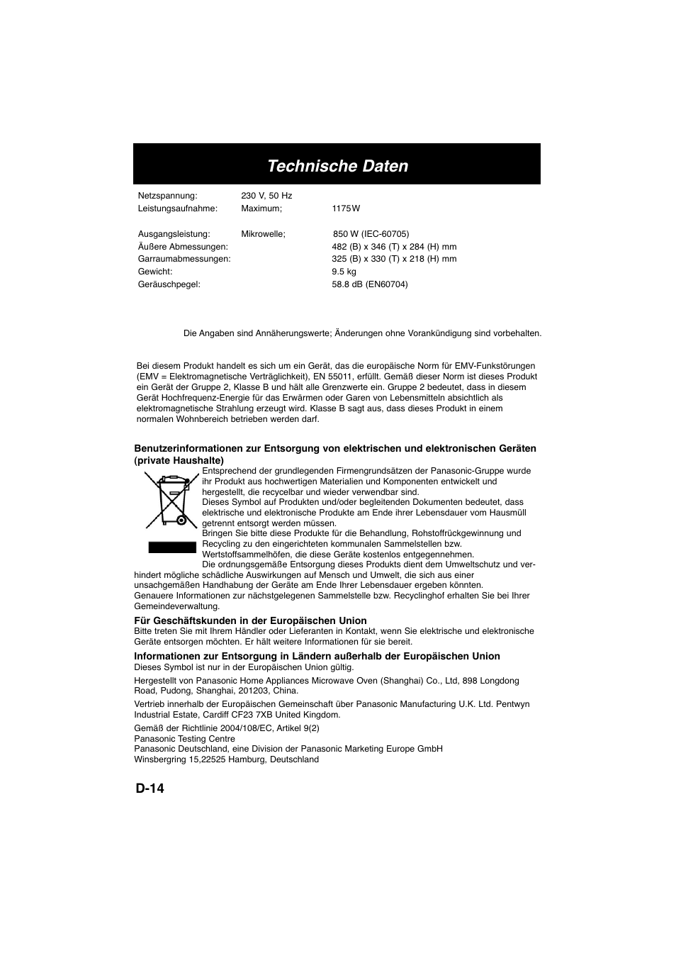 Technische daten, D-14 | Panasonic NNSD278SEPG User Manual | Page 30 / 212