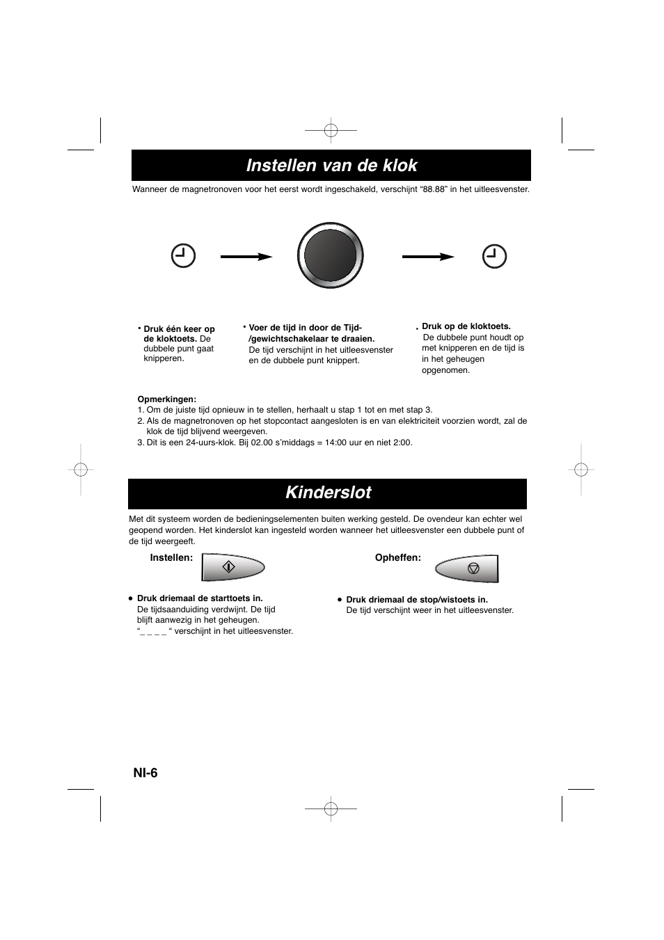 Instellen van de klok, Kinderslot, Ni-6 | Panasonic NNSD278SEPG User Manual | Page 36 / 212