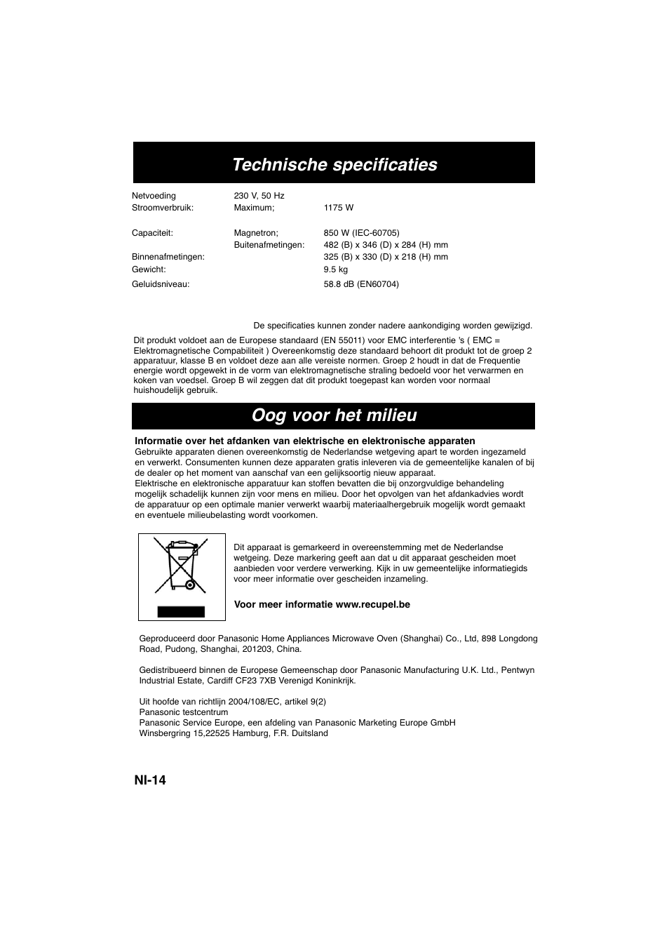 Technische specificaties, Oog voor het milieu, Ni-14 | Panasonic NNSD278SEPG User Manual | Page 44 / 212