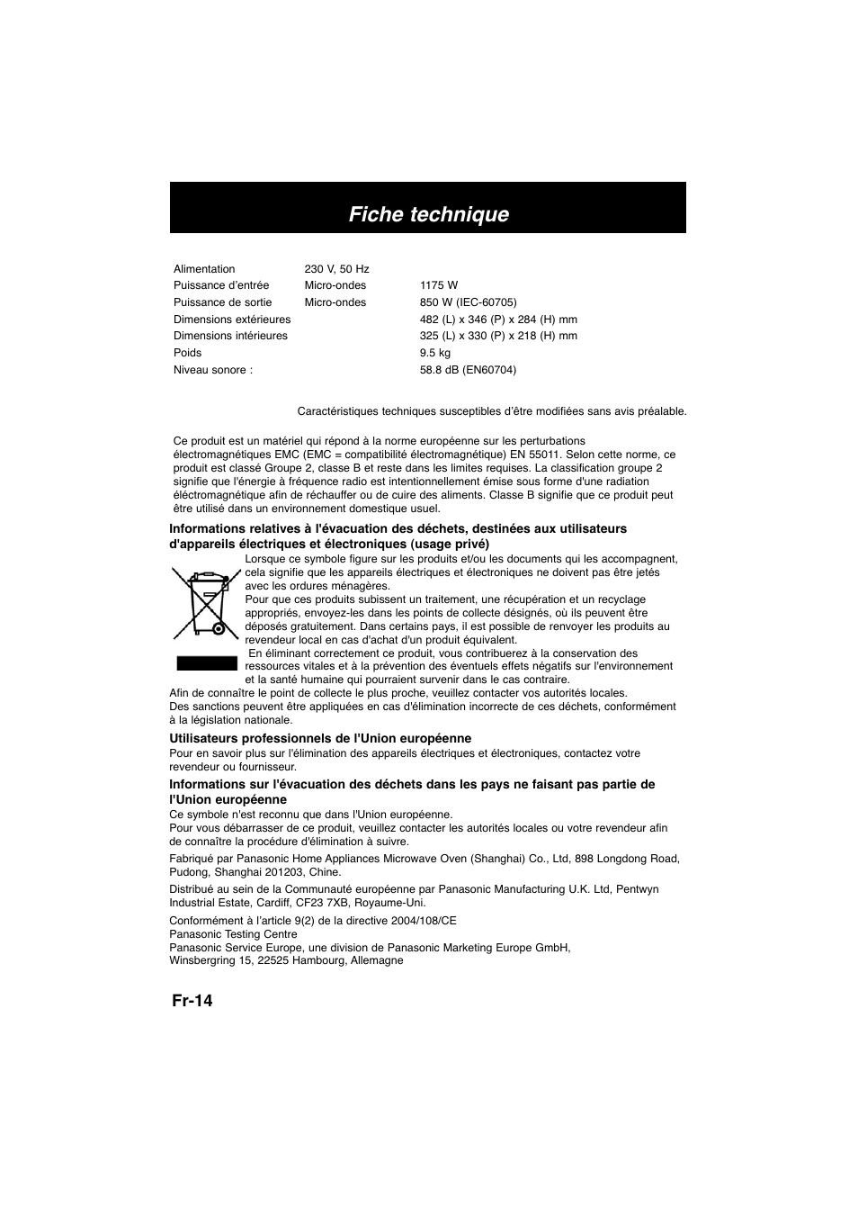Fiche technique, Fr-14 | Panasonic NNSD278SEPG User Manual | Page 58 / 212