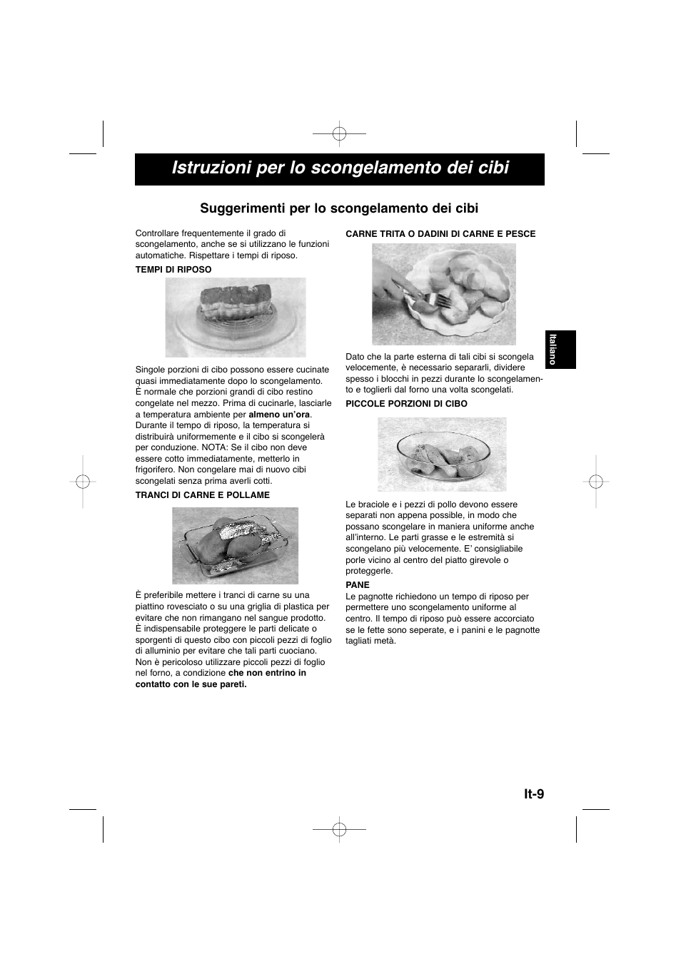 Istruzioni per lo scongelamento dei cibi, It-9, Suggerimenti per lo scongelamento dei cibi | Panasonic NNSD278SEPG User Manual | Page 67 / 212