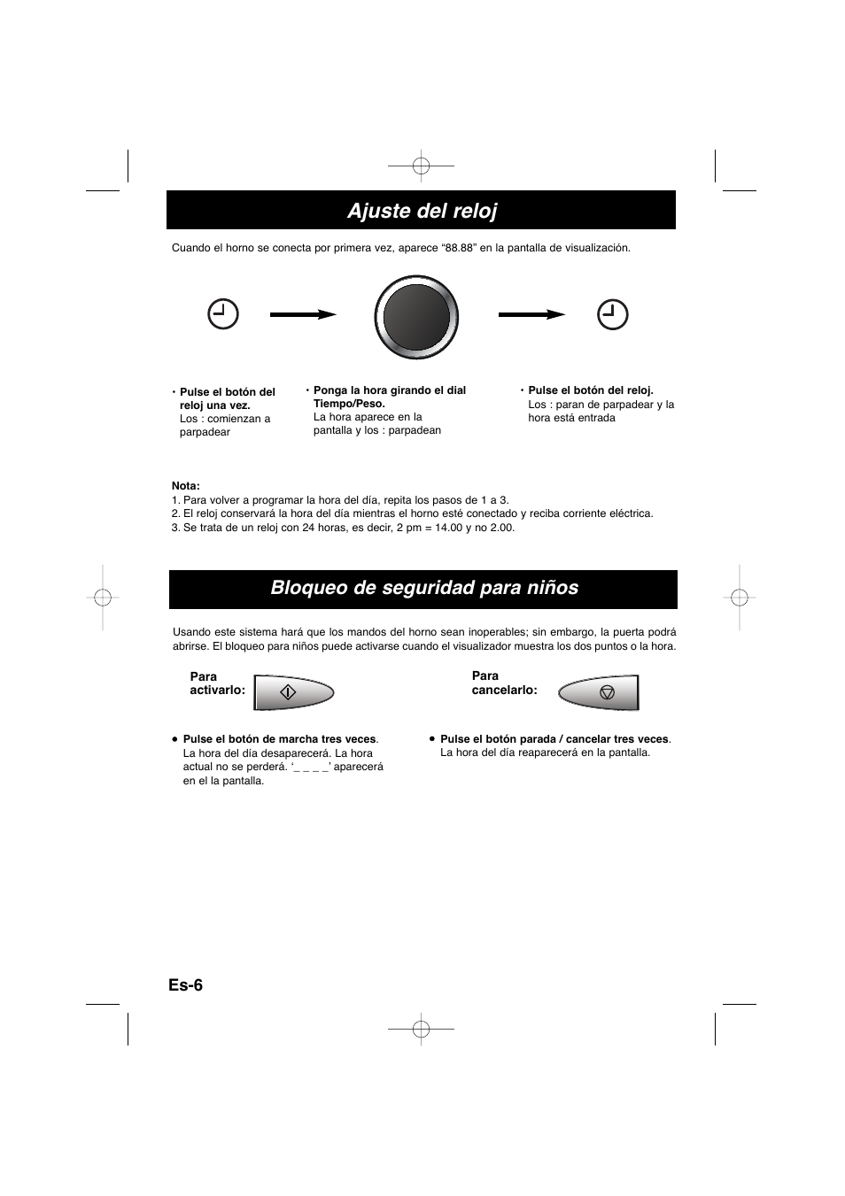 Ajuste del reloj, Bloqueo de seguridad para niños, Es-6 | Panasonic NNSD278SEPG User Manual | Page 78 / 212