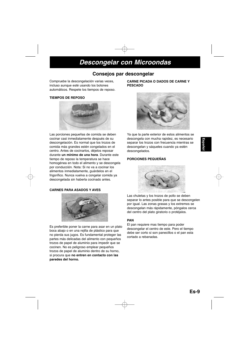 Descongelar con microondas, Es-9, Consejos par descongelar | Panasonic NNSD278SEPG User Manual | Page 81 / 212