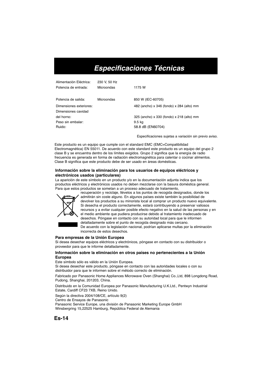 Especificaciones técnicas, Es-14 | Panasonic NNSD278SEPG User Manual | Page 86 / 212