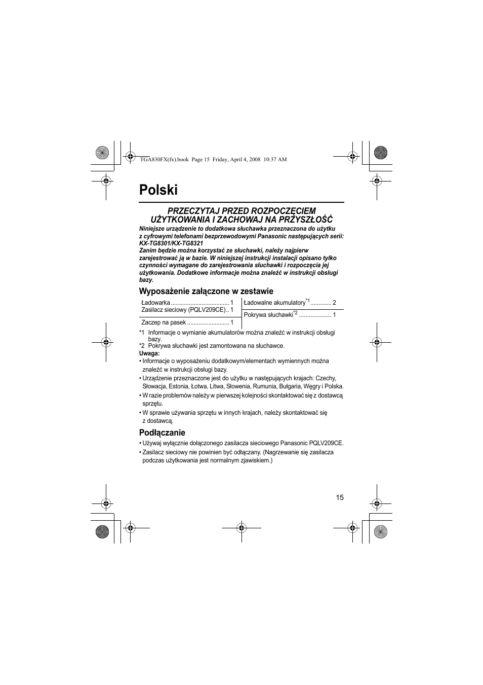 Polski, Wyposażenie załączone w zestawie, Podłączanie | Panasonic KXTGA830FX User Manual | Page 15 / 36