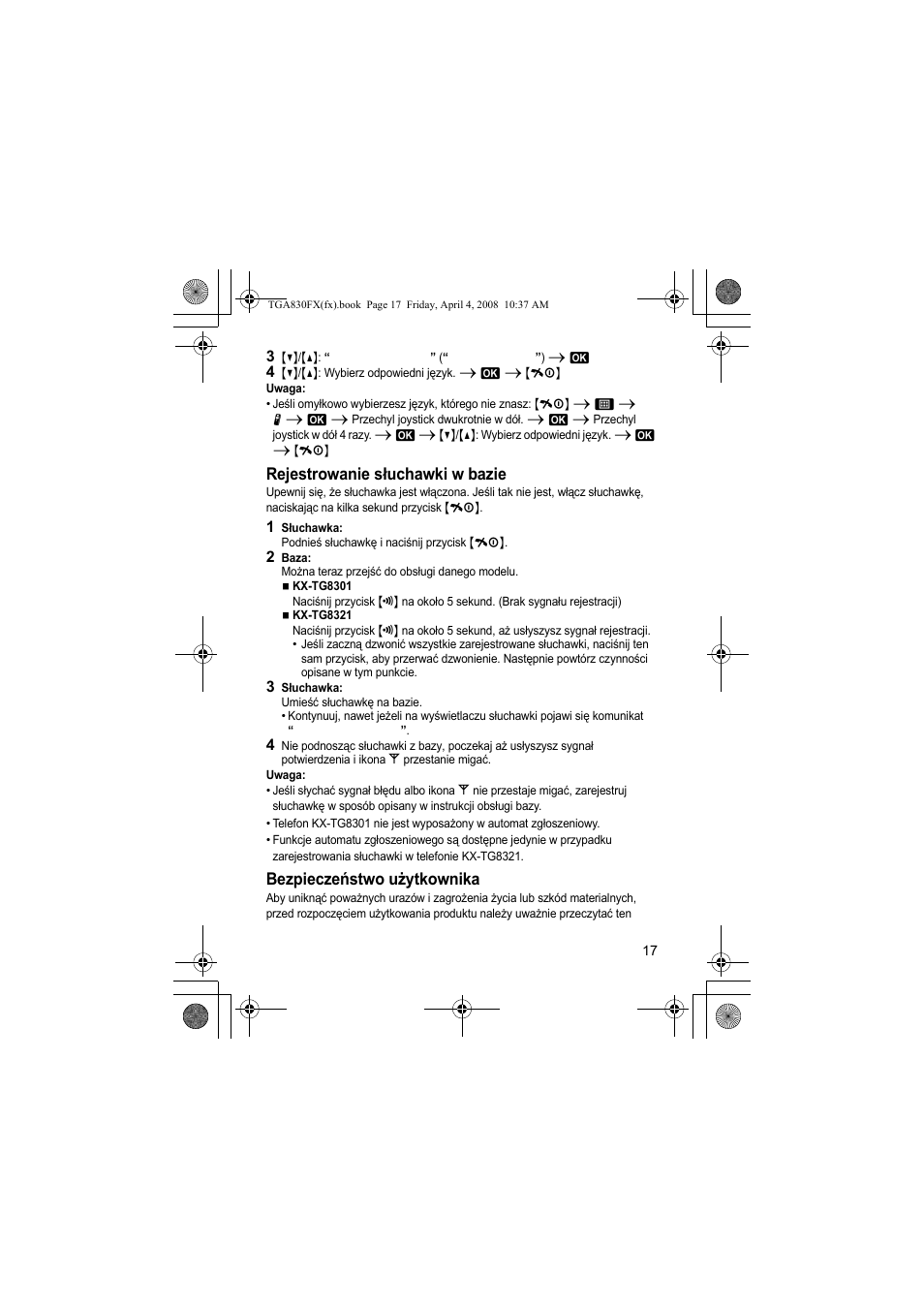 Rejestrowanie słuchawki w bazie, Bezpieczeństwo użytkownika | Panasonic KXTGA830FX User Manual | Page 17 / 36