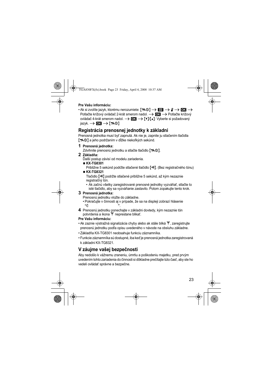 Registrácia prenosnej jednotky k základni, V záujme vašej bezpečnosti | Panasonic KXTGA830FX User Manual | Page 23 / 36