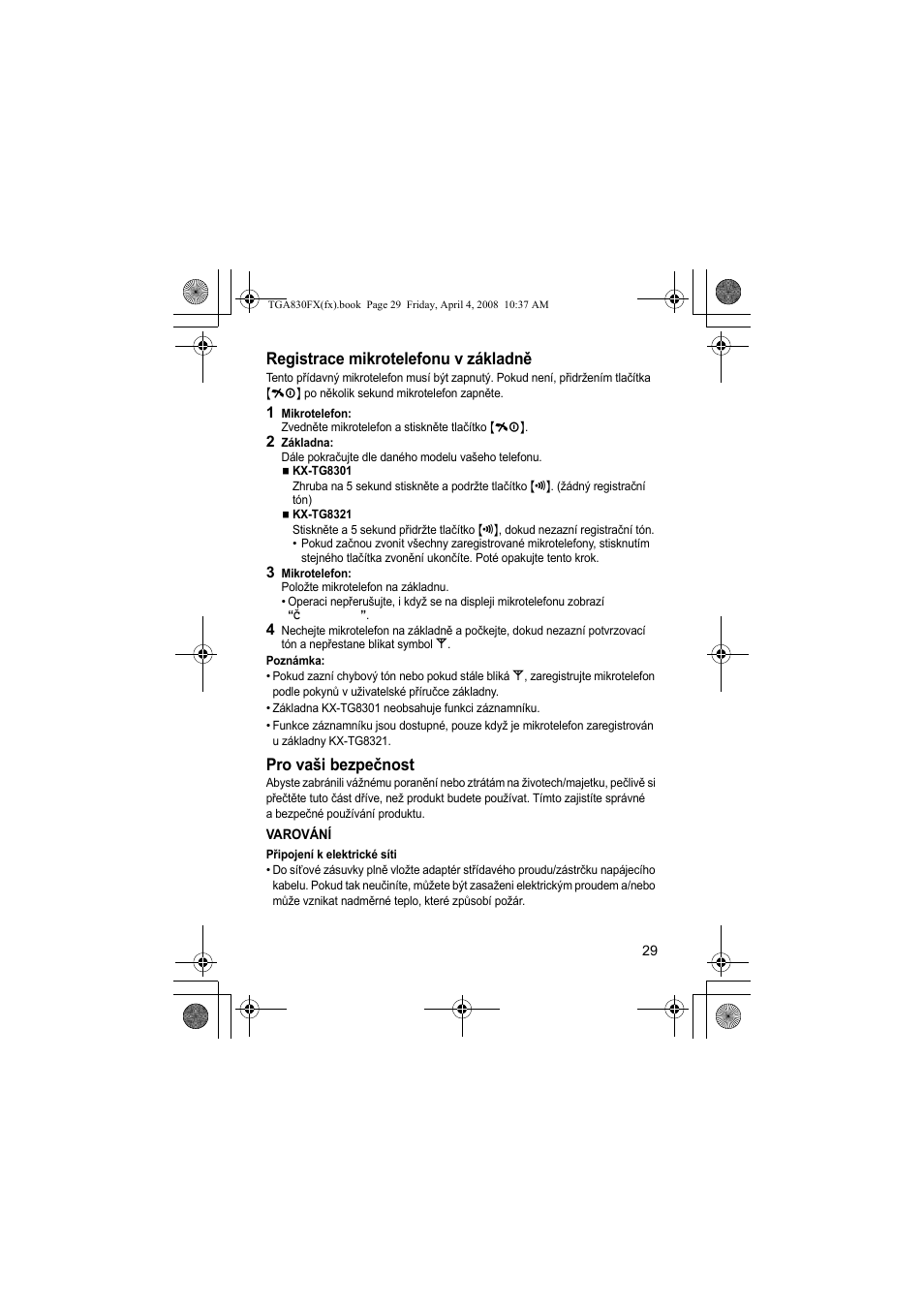 Registrace mikrotelefonu v základně, Pro vaši bezpečnost | Panasonic KXTGA830FX User Manual | Page 29 / 36