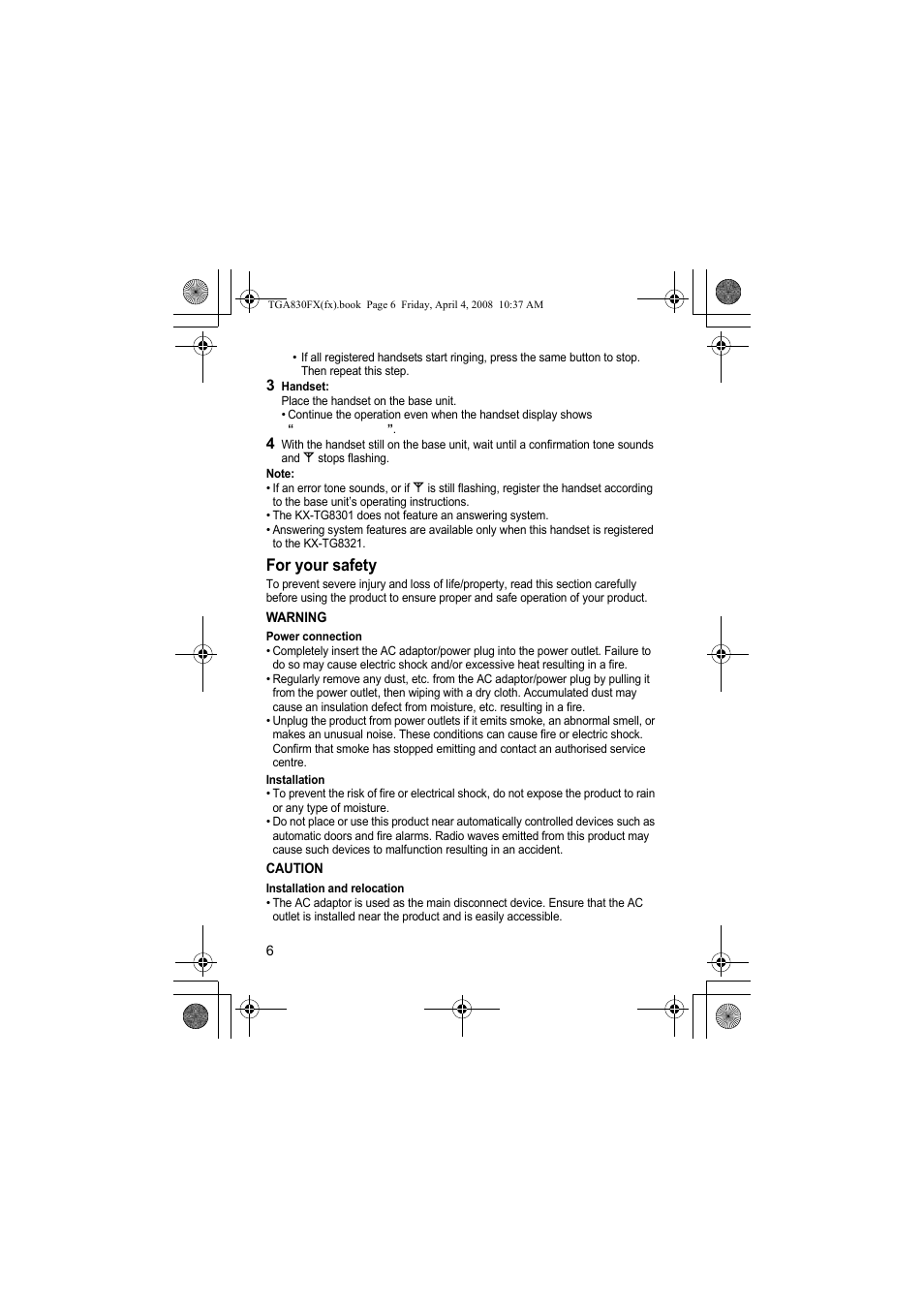 For your safety | Panasonic KXTGA830FX User Manual | Page 6 / 36