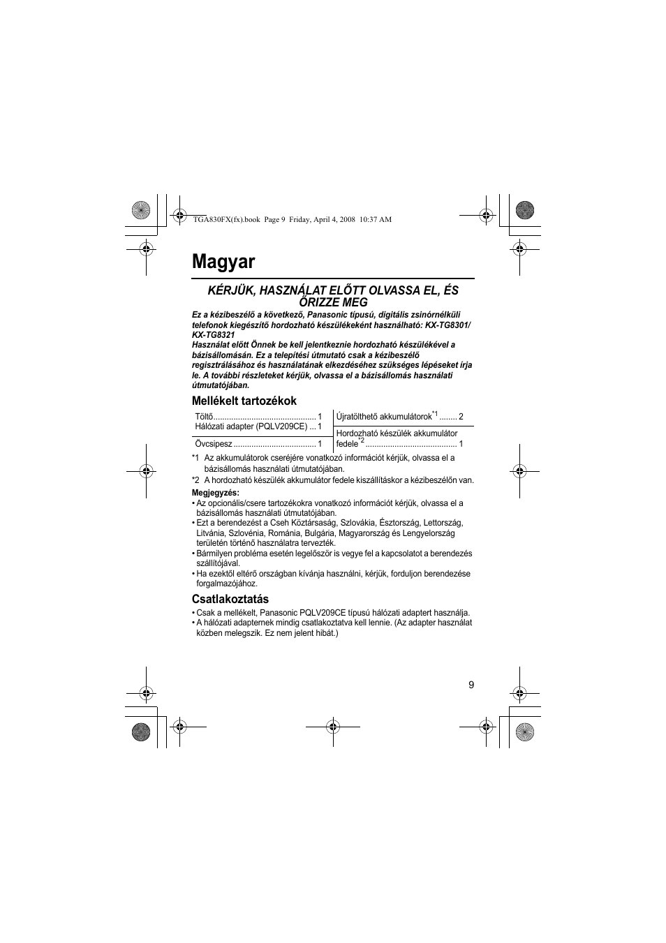 Magyar, Kérjük, használat előtt olvassa el, és őrizze meg, Mellékelt tartozékok | Csatlakoztatás | Panasonic KXTGA830FX User Manual | Page 9 / 36