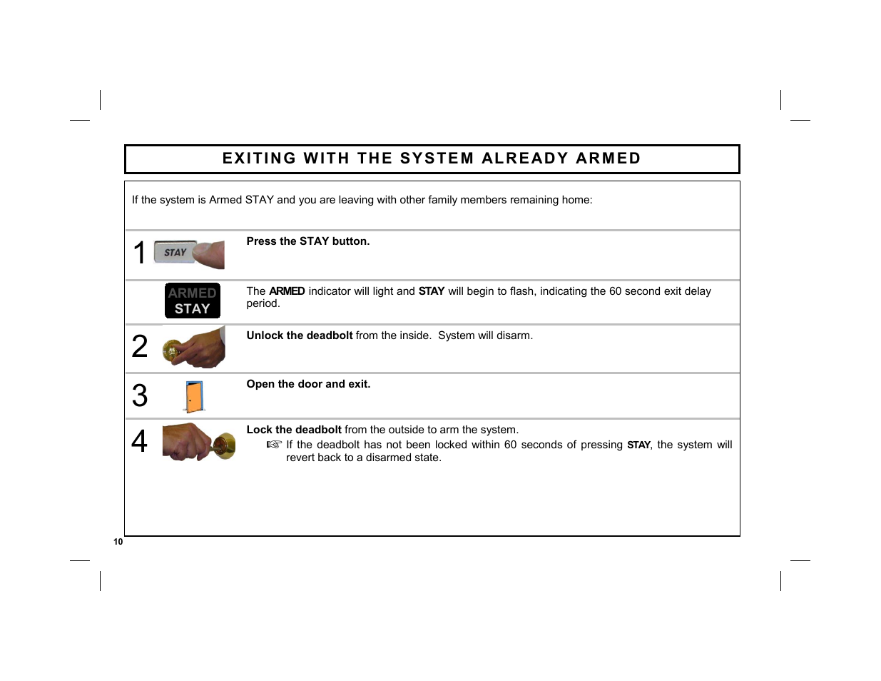 Exiting with the system already armed | ADT Security Services EZ User Manual | Page 10 / 28