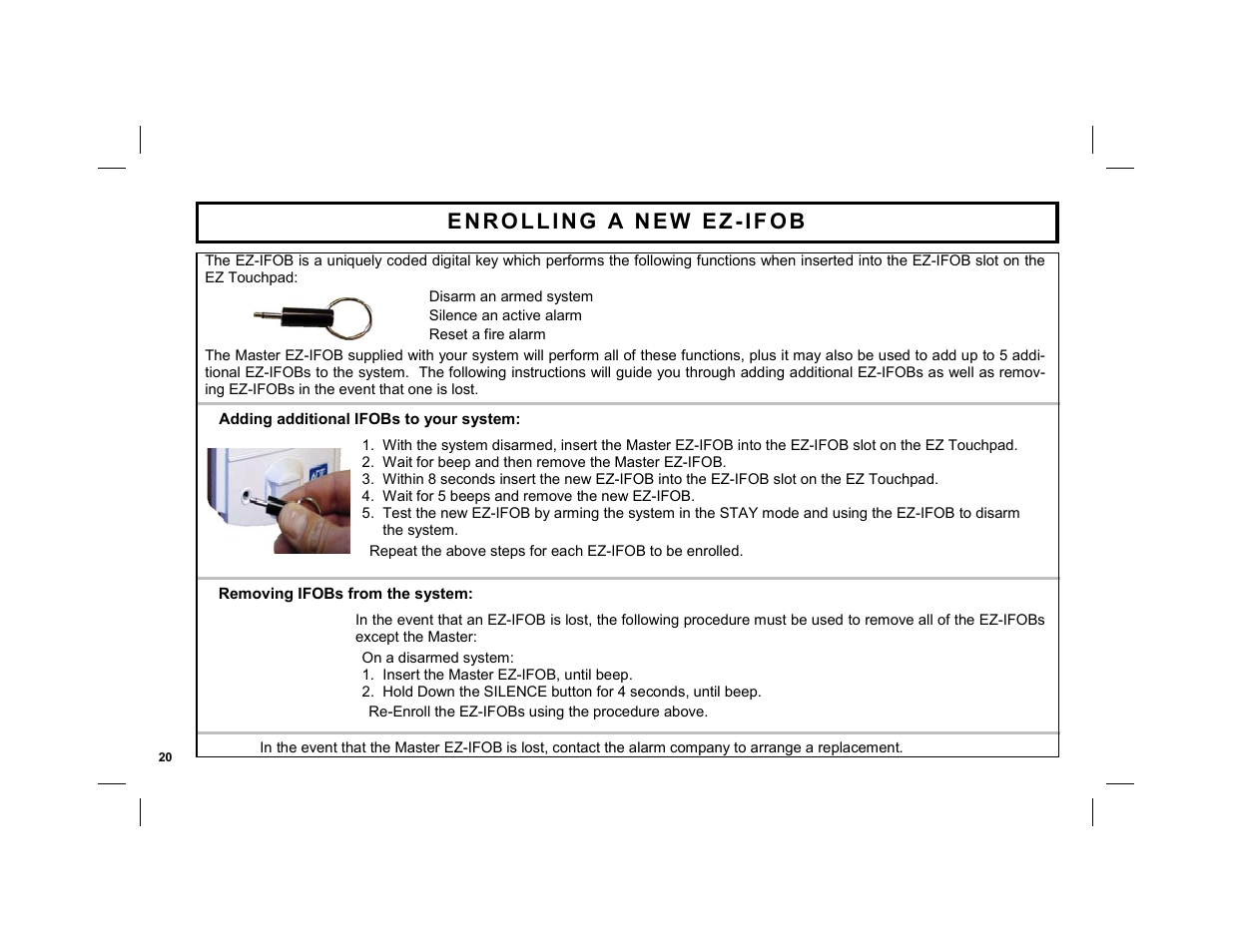 Enrolling a new ez-ifob | ADT Security Services EZ User Manual | Page 20 / 28