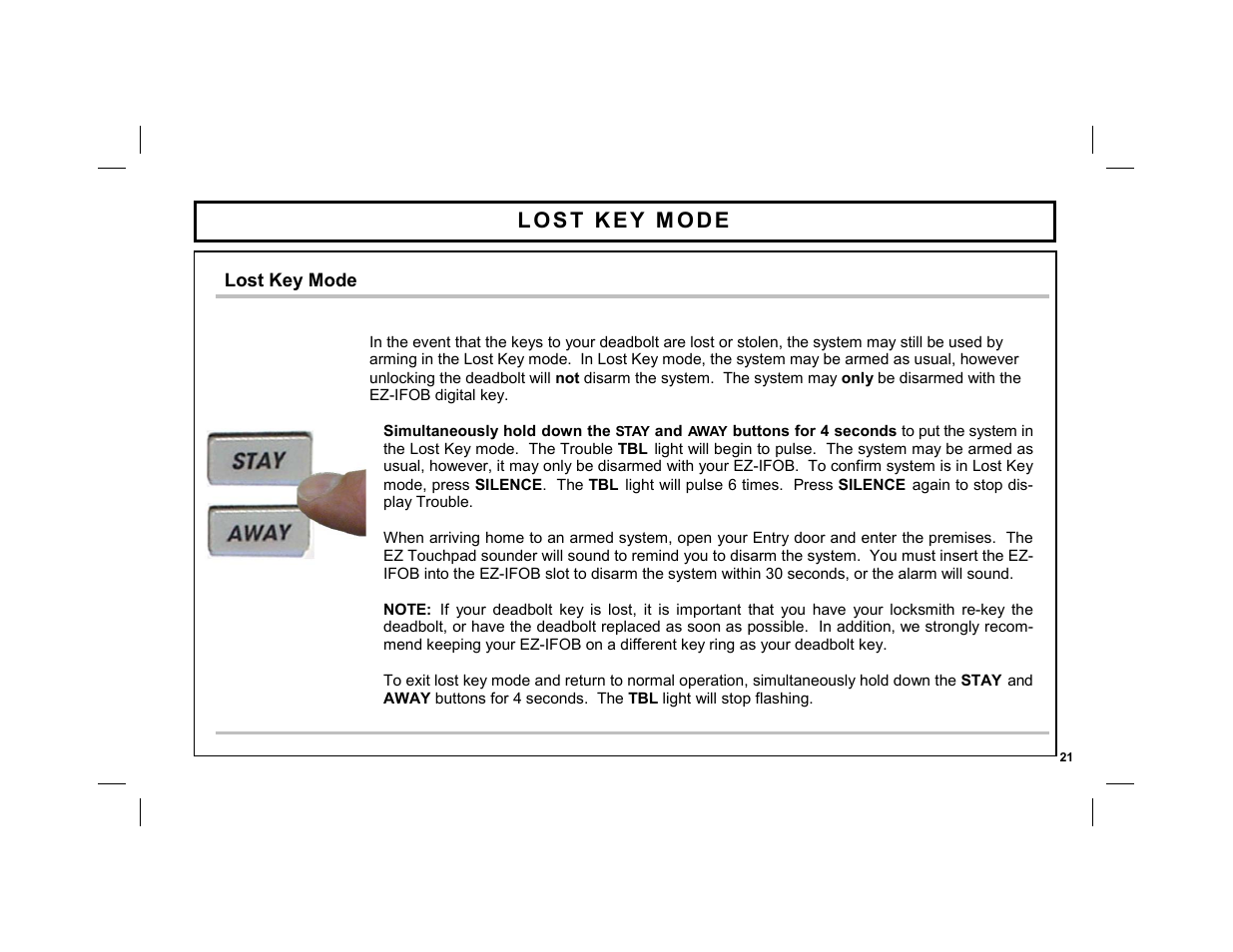 Lost key mode | ADT Security Services EZ User Manual | Page 21 / 28