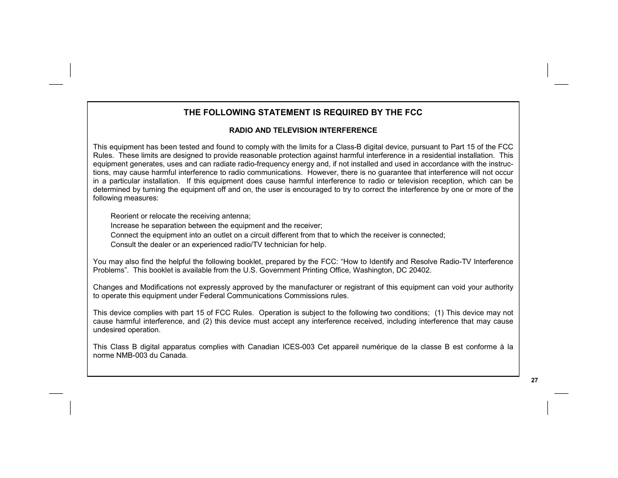 Fcc part 15 statement | ADT Security Services EZ User Manual | Page 27 / 28