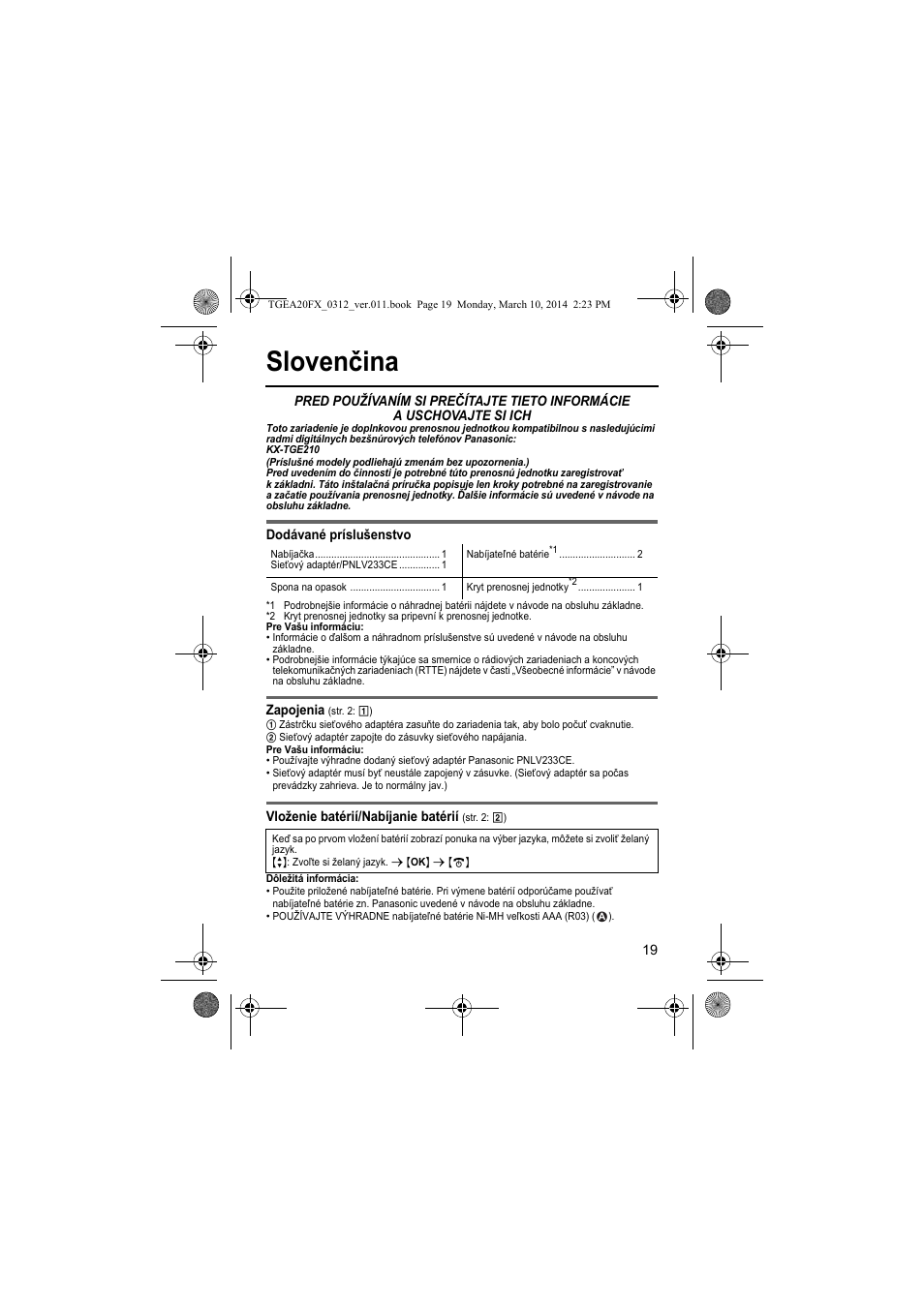 Slovenčina | Panasonic KXTGEA20FX User Manual | Page 19 / 76