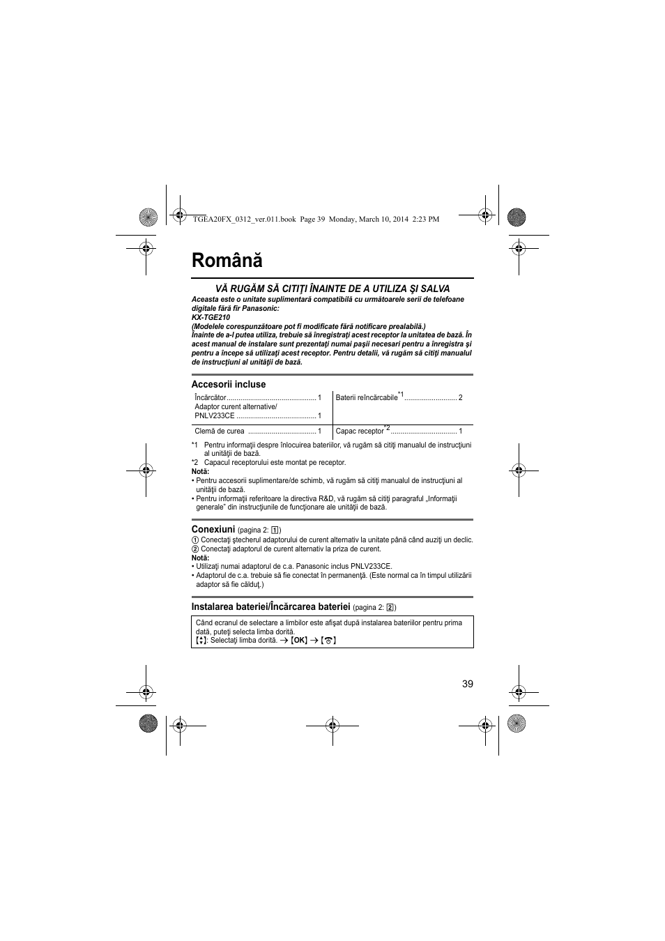 Română | Panasonic KXTGEA20FX User Manual | Page 39 / 76