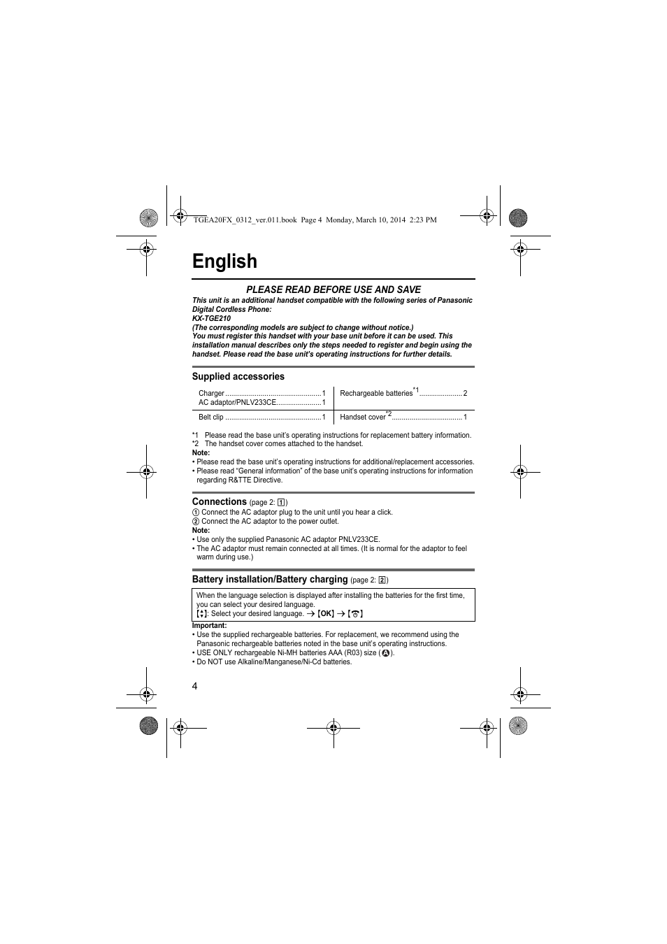 English | Panasonic KXTGEA20FX User Manual | Page 4 / 76