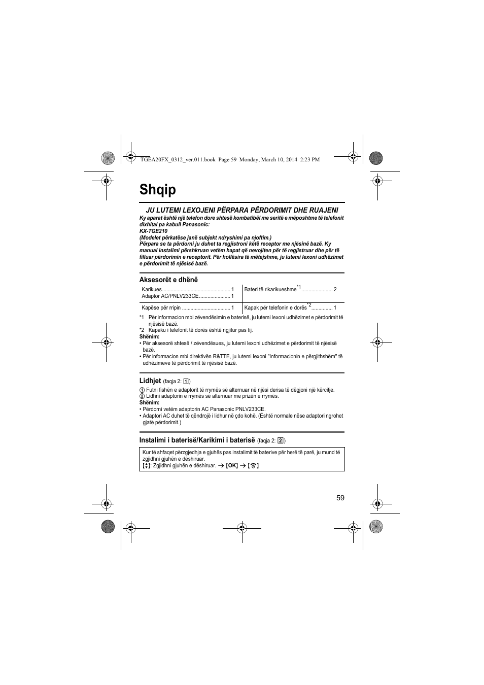 Shqip | Panasonic KXTGEA20FX User Manual | Page 59 / 76