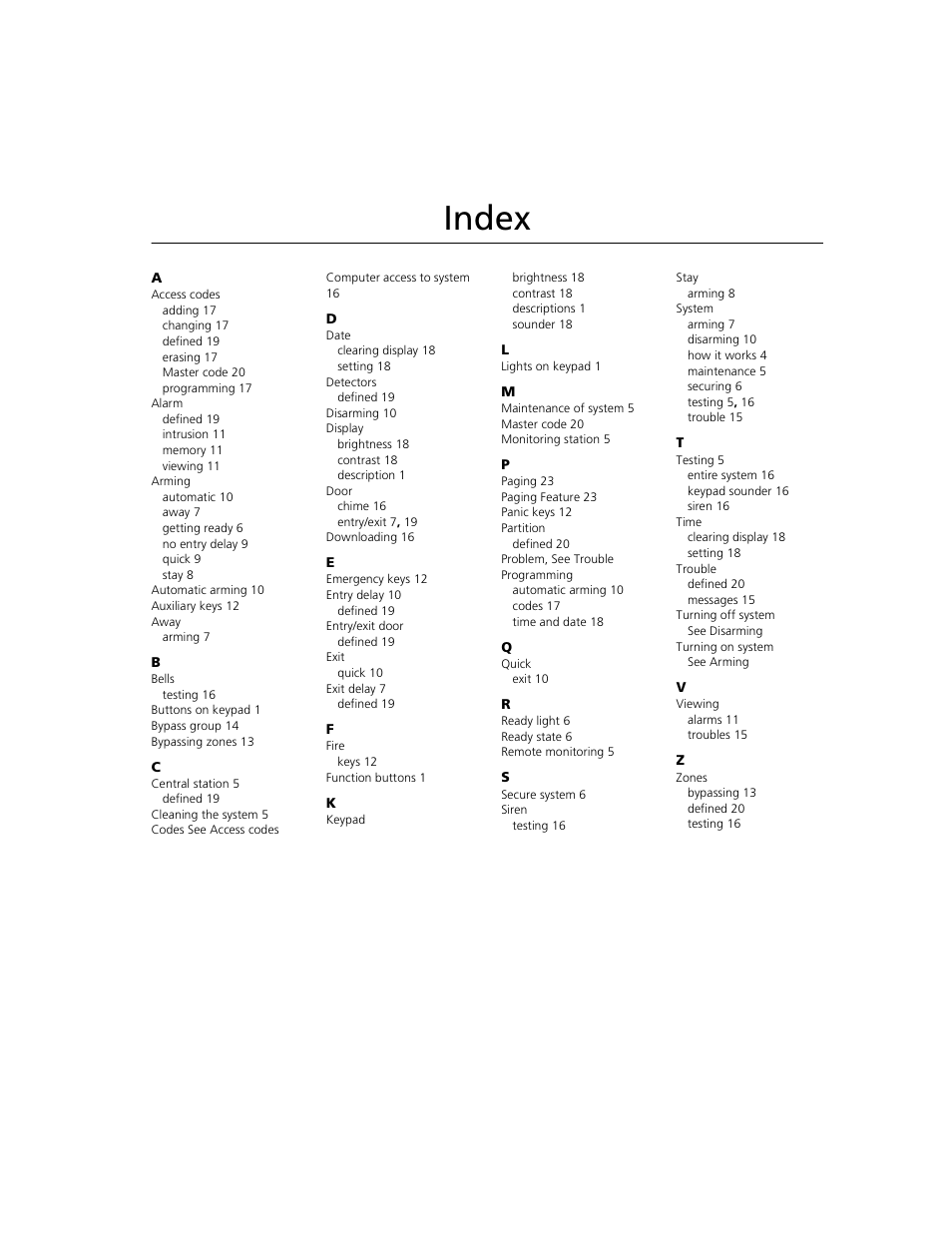Index | ADT Security Services PremisePro none User Manual | Page 29 / 32