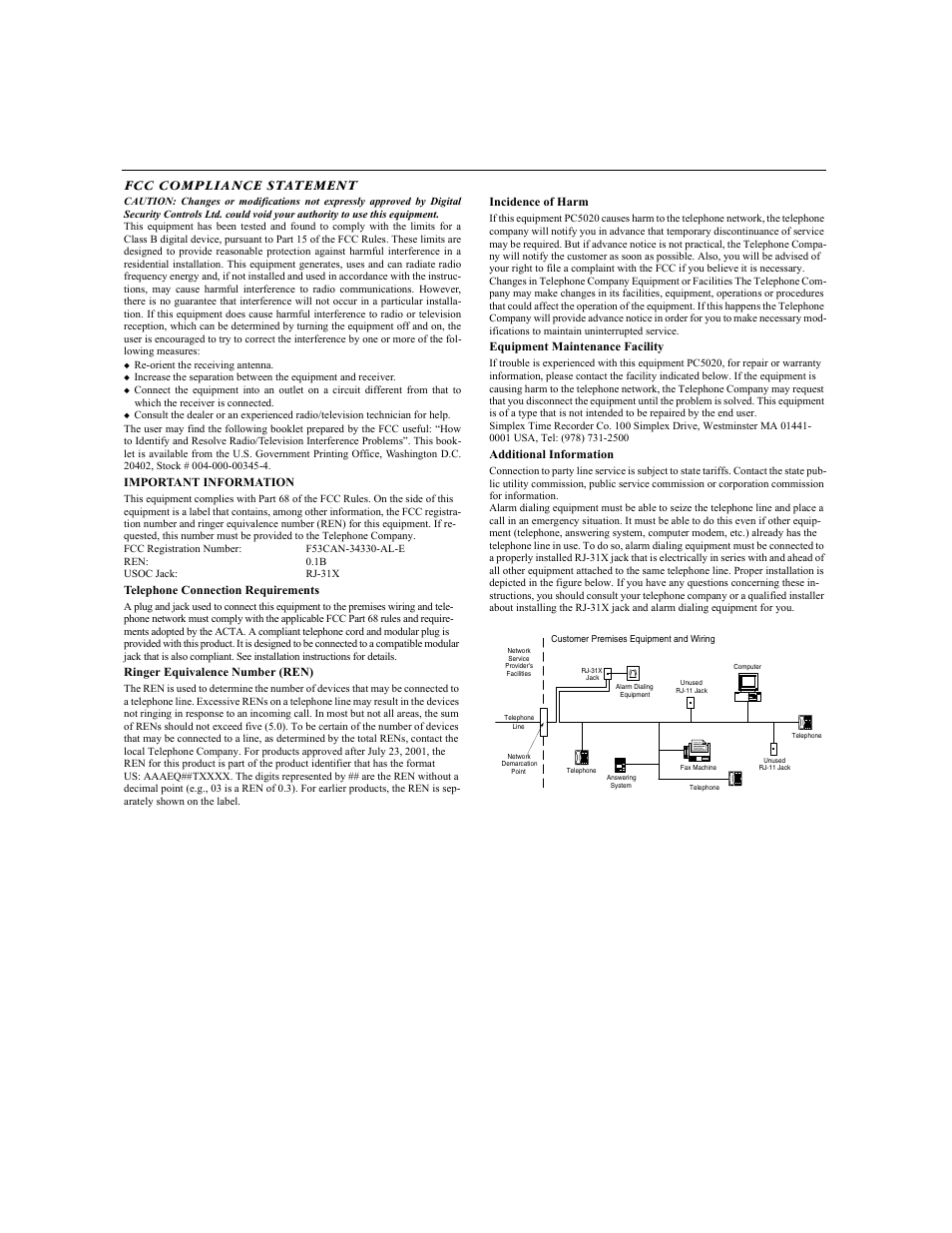 Important information, Telephone connection requirements, Ringer equivalence number (ren) | Incidence of harm, Equipment maintenance facility, Additional information | ADT Security Services PremisePro none User Manual | Page 31 / 32