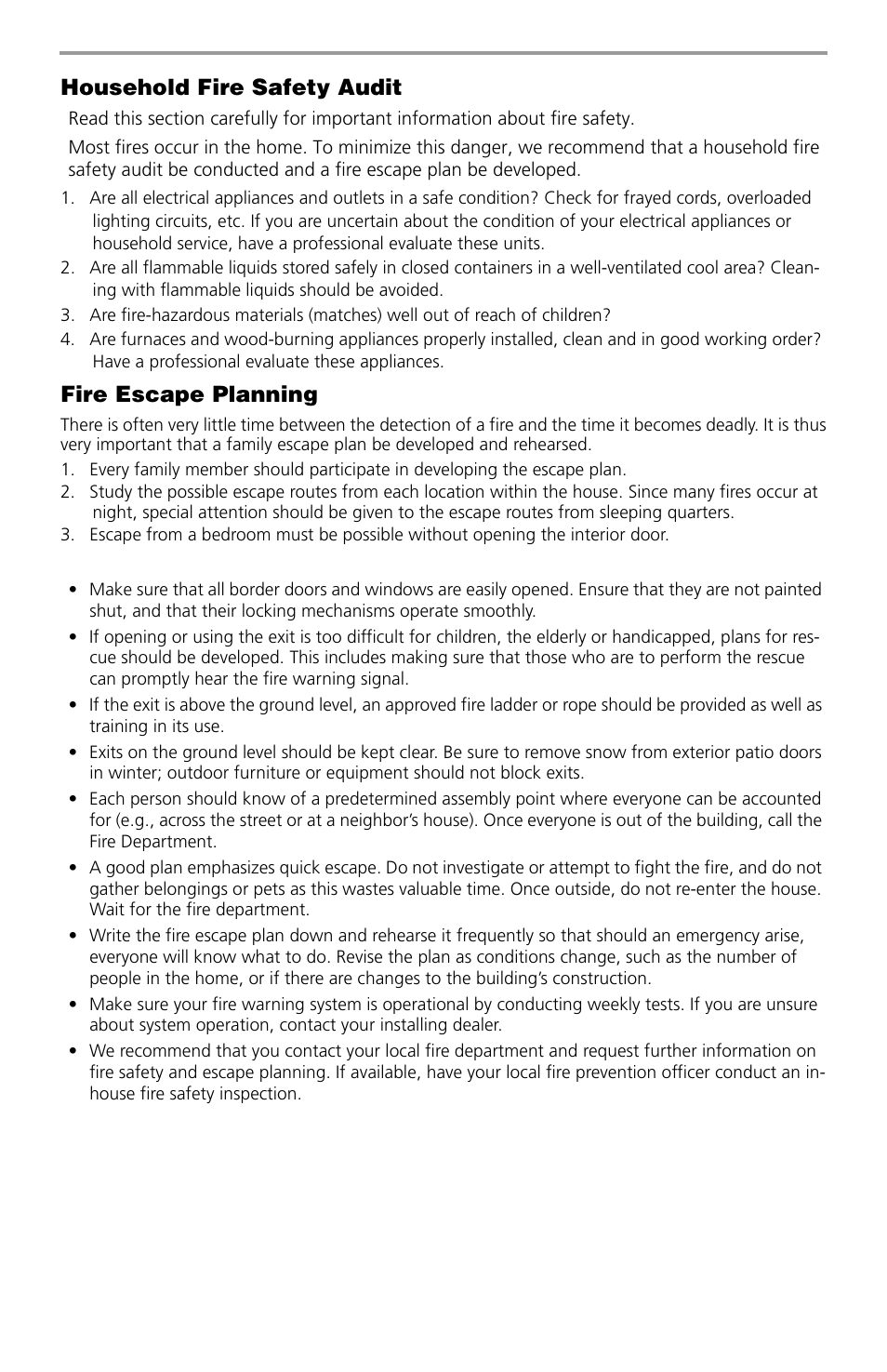 Household fire safety audit, Fire escape planning | ADT Security Services PowerSeries SCW9047-433 User Manual | Page 17 / 20