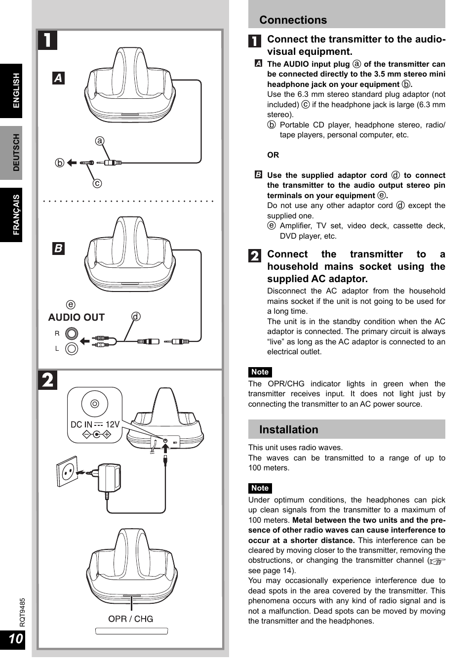 Connections, Installation | Panasonic RPWF950 User Manual | Page 10 / 96