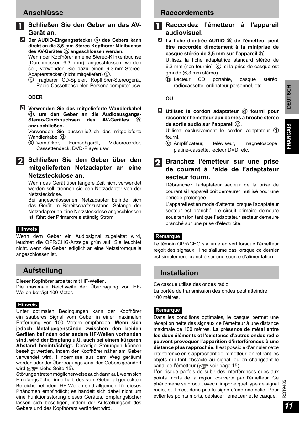 Anschlüsse, Aufstellung, Raccordements | Installation, Schließen sie den geber an das av- gerät an, Raccordez l’émetteur à l’appareil audiovisuel | Panasonic RPWF950 User Manual | Page 11 / 96