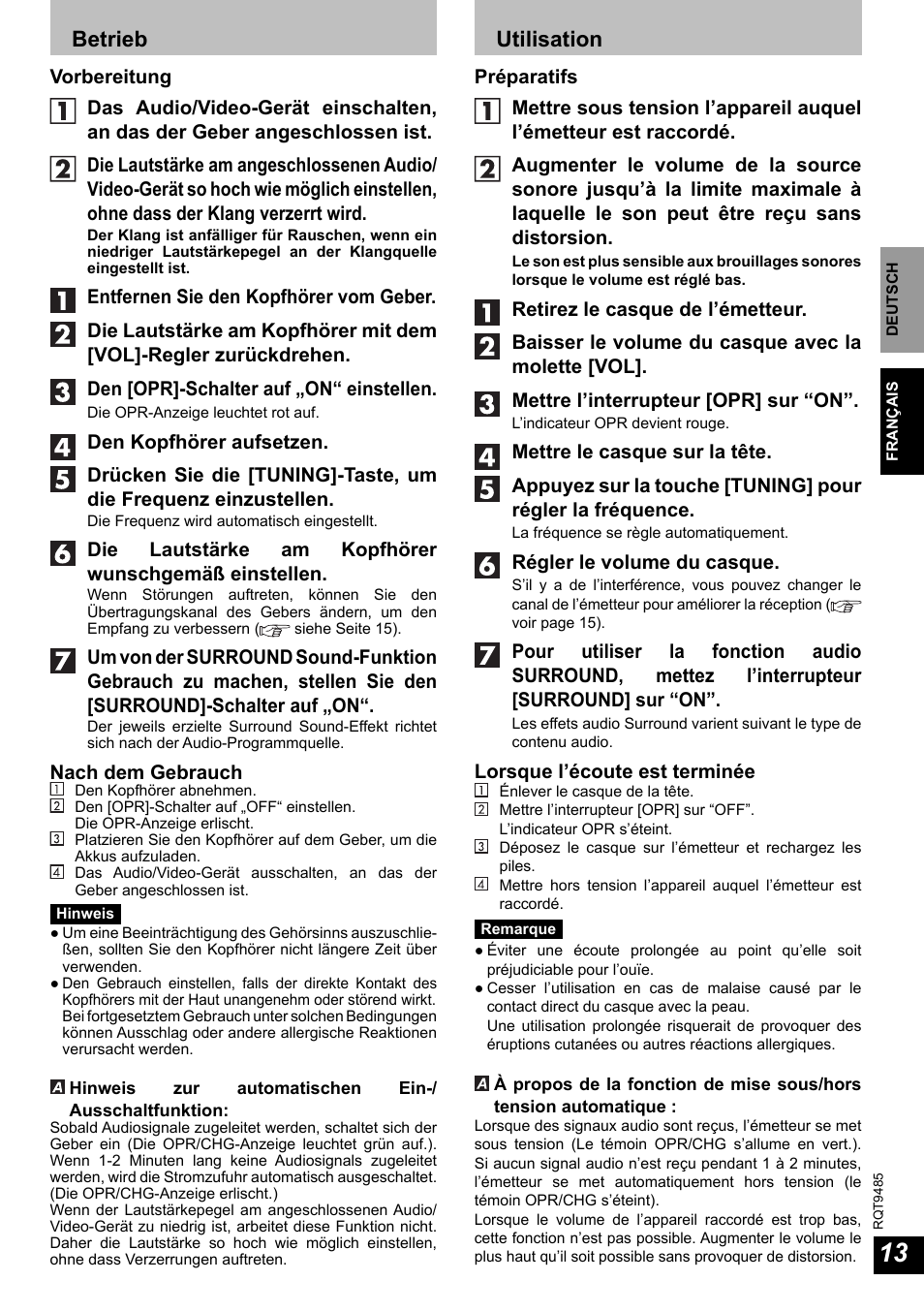 Betrieb, Utilisation | Panasonic RPWF950 User Manual | Page 13 / 96