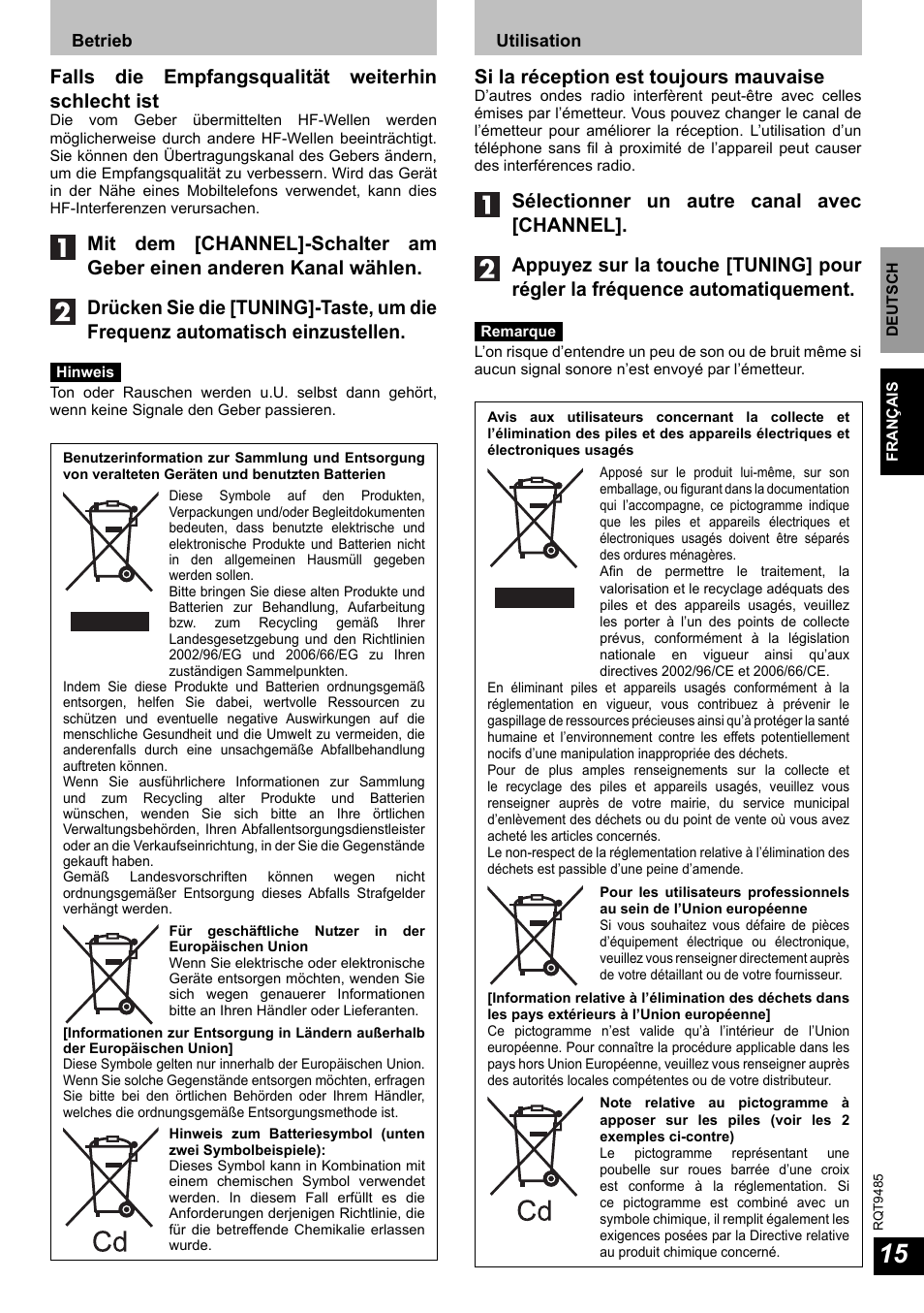 Falls die empfangsqualität weiterhin schlecht ist, Si la réception est toujours mauvaise | Panasonic RPWF950 User Manual | Page 15 / 96